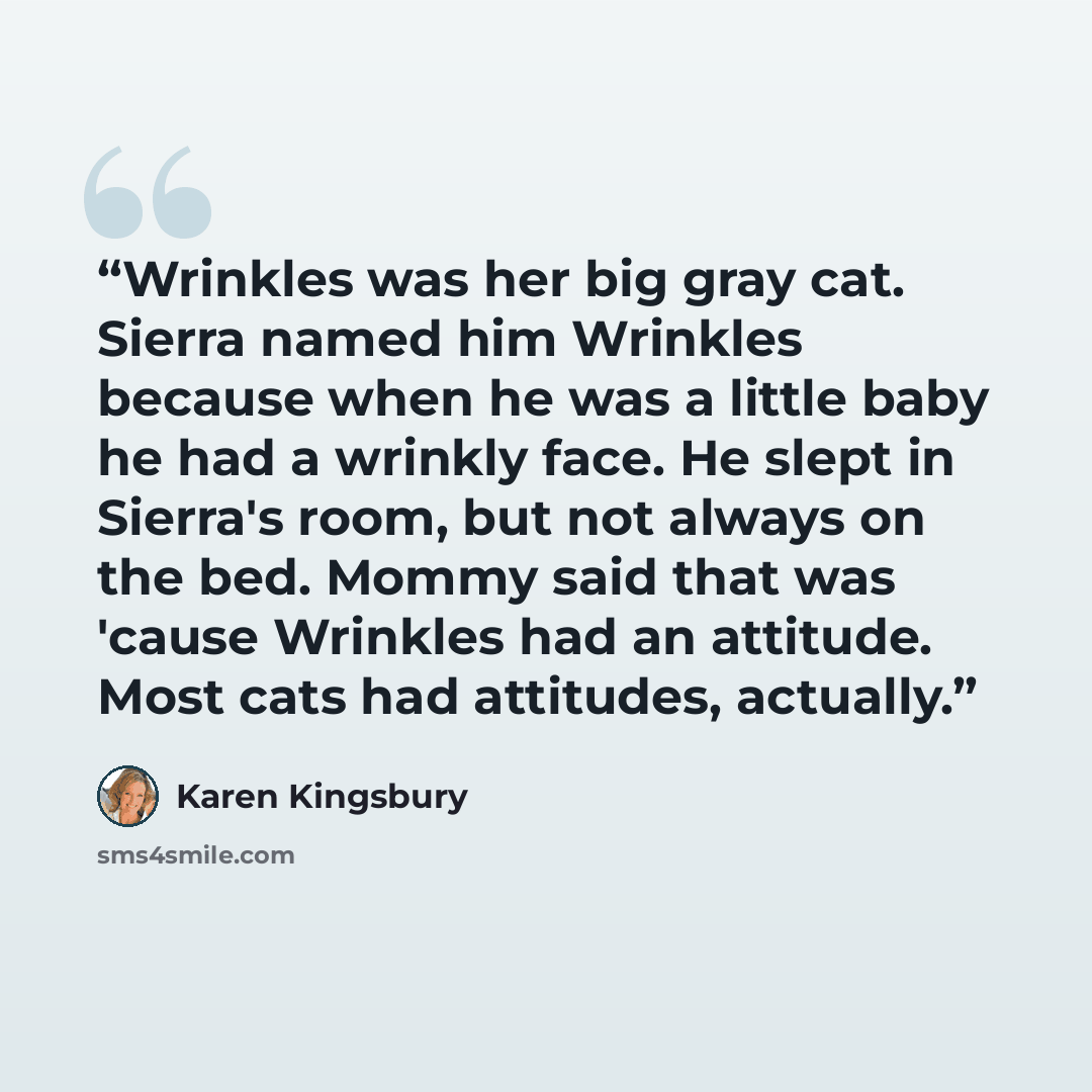 “Wrinkles was her big gray cat. Sierra named him Wrinkles because when he was a little baby he had a wrinkly face. He slept in Sierra's room, but not always on the bed. Mommy said that was 'cause Wrinkles had an attitude. Most cats had attitudes, actually.” quote by Karen Kingsbury