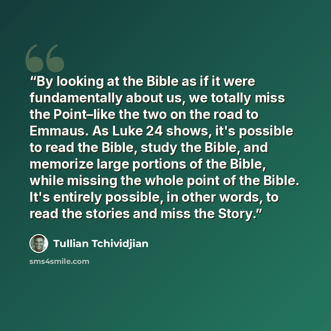 “By looking at the Bible as if it were fundamentally about us, we totally miss the Point–like the two on the road to Emmaus. As Luke 24 shows, it's possible to read the Bible, study the Bible, and memorize large portions of the Bible, while missing the whole point of the Bible. It's entirely…” quote by Tullian Tchividjian