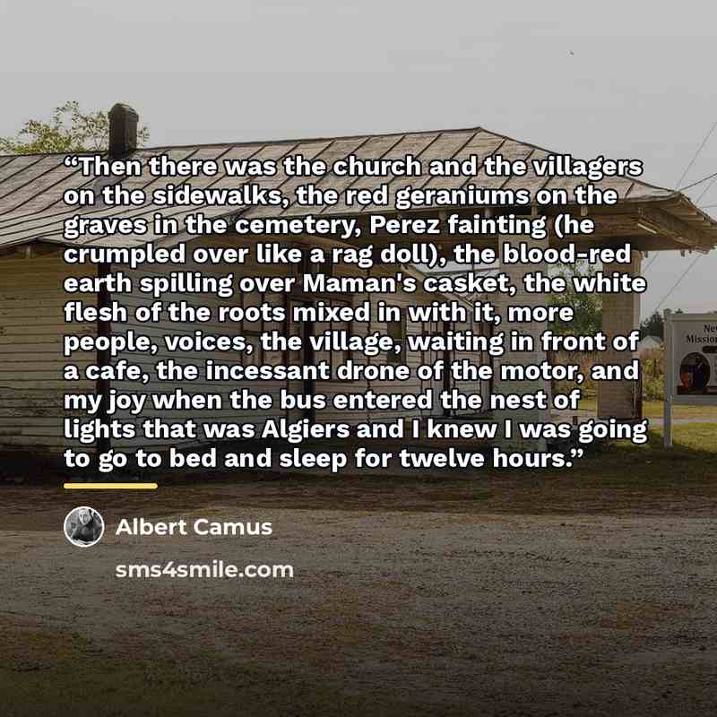 “Then there was the church and the villagers on the sidewalks, the red geraniums on the graves in the cemetery, Perez fainting (he crumpled over like a rag doll), the blood-red earth spilling over Maman's casket, the white flesh of the roots mixed in with it, more people, voices, the village…” quote by Albert Camus