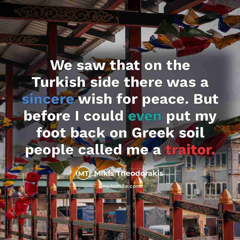 “We saw that on the Turkish side there was a sincere wish for peace. But before I could even put my foot back on Greek soil people called me a traitor.” quote by Mikis Theodorakis