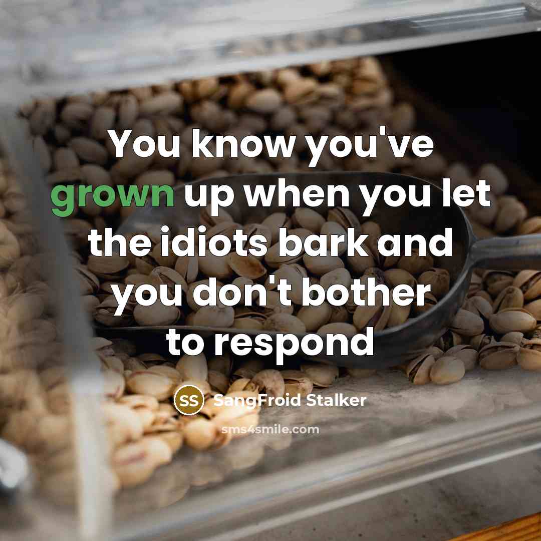 “You know you've grown up when you let the idiots bark and you don't bother to respond” quote by SangFroid Stalker