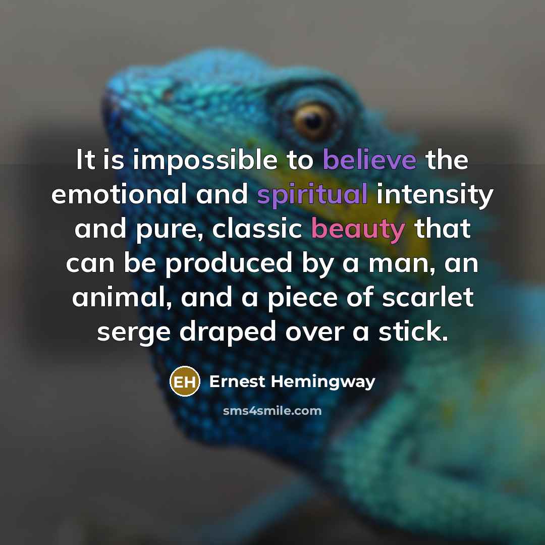 “It is impossible to believe the emotional and spiritual intensity and pure, classic beauty that can be produced by a man, an animal, and a piece of scarlet serge draped over a stick.” quote by Ernest Hemingway