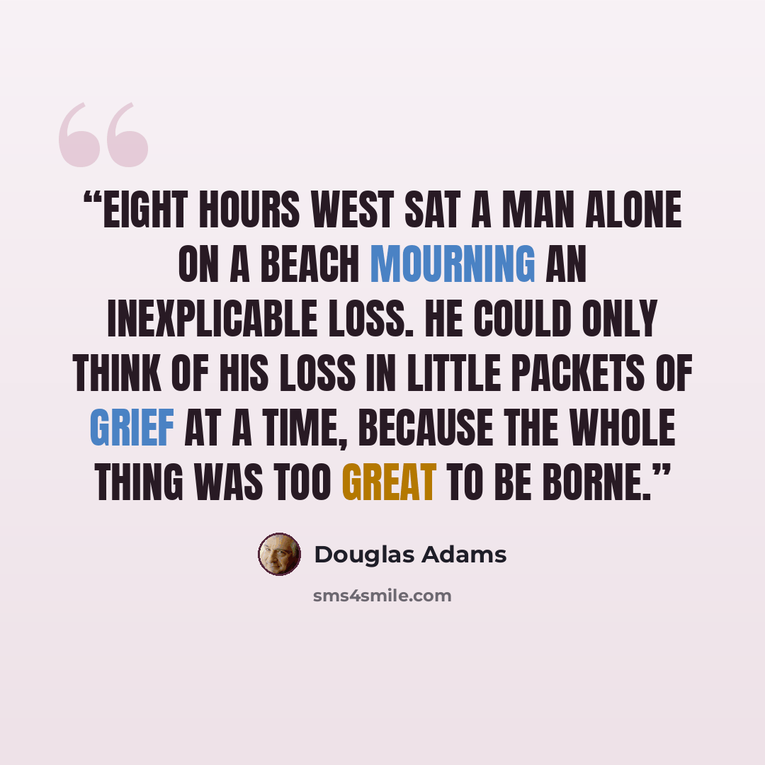 “Eight hours West sat a man alone on a beach mourning an inexplicable loss. He could only think of his loss in little packets of grief at a time, because the whole thing was too great to be borne.” quote by Douglas Adams