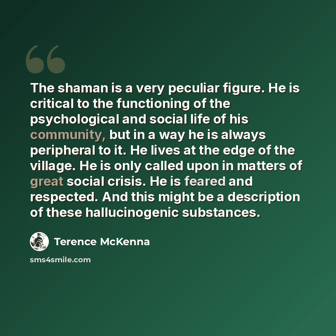 “The shaman is a very peculiar figure. He is critical to the functioning of the psychological and social life of his community, but in a way he is always peripheral to it. He lives at the edge of the village. He is only called upon in matters of great social crisis. He is feared and respected. And…” quote by Terence McKenna