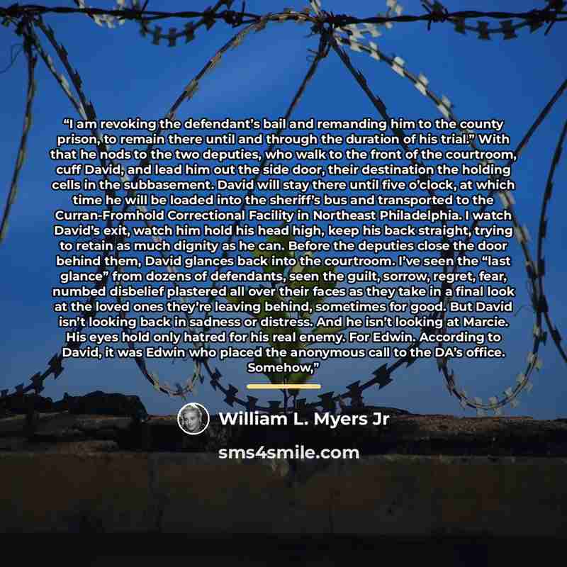 “I am revoking the defendant’s bail and remanding him to the county prison, to remain there until and through the duration of his trial.” With that he nods to the two deputies, who walk to the front of the courtroom, cuff David, and lead him out the side door, their destination the holding cells in…” quote by William L. Myers Jr