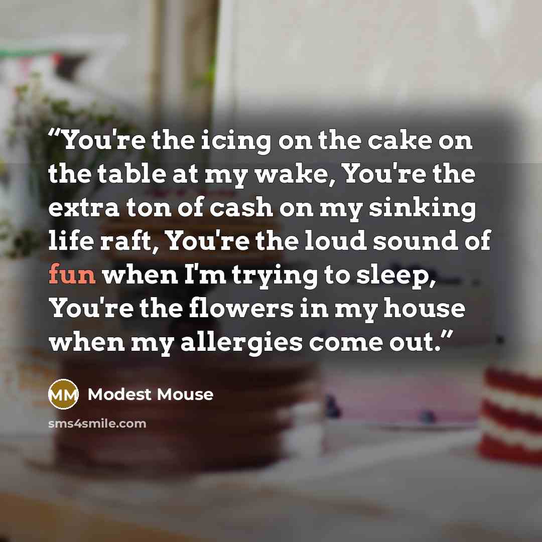 “You're the icing on the cake on the table at my wake, You're the extra ton of cash on my sinking life raft, You're the loud sound of fun when I'm trying to sleep, You're the flowers in my house when my allergies come out.” quote by Modest Mouse
