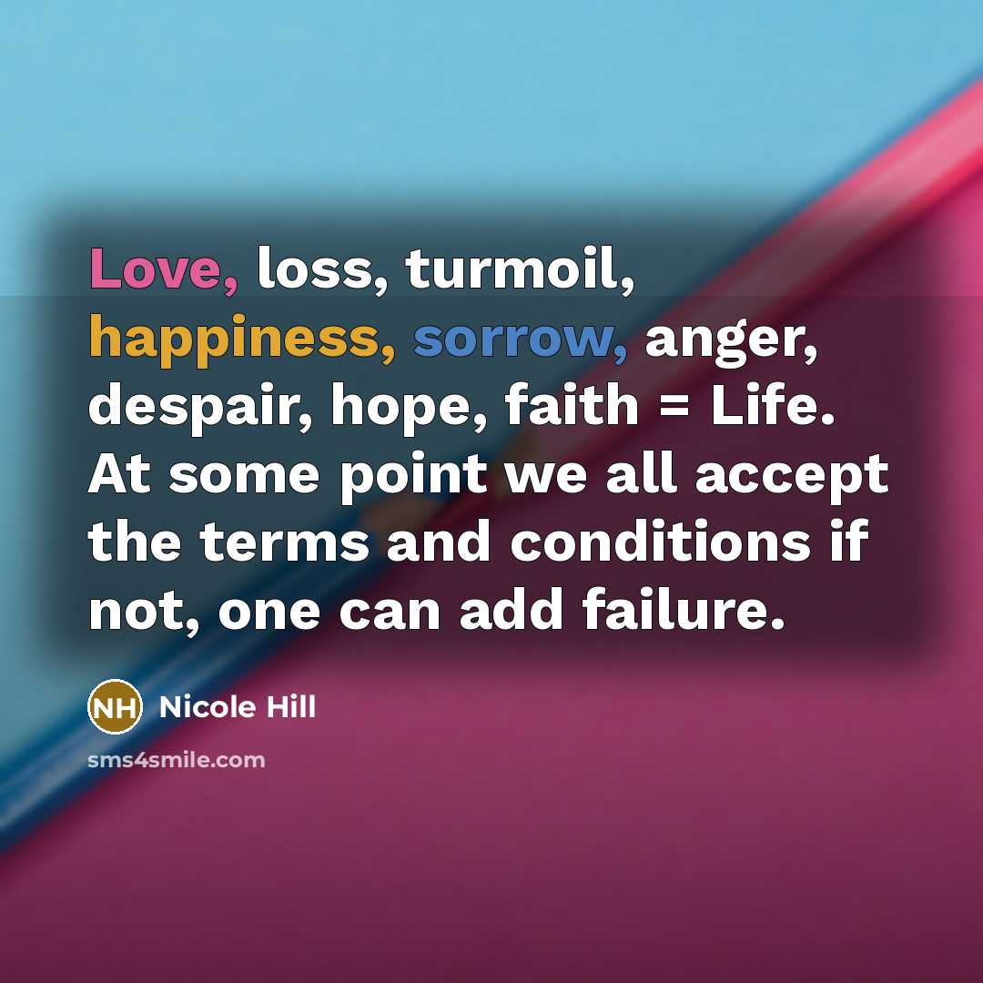 “Love, loss, turmoil, happiness, sorrow, anger, despair, hope, faith = Life. At some point we all accept the terms and conditions if not, one can add failure.” quote by Nicole Hill