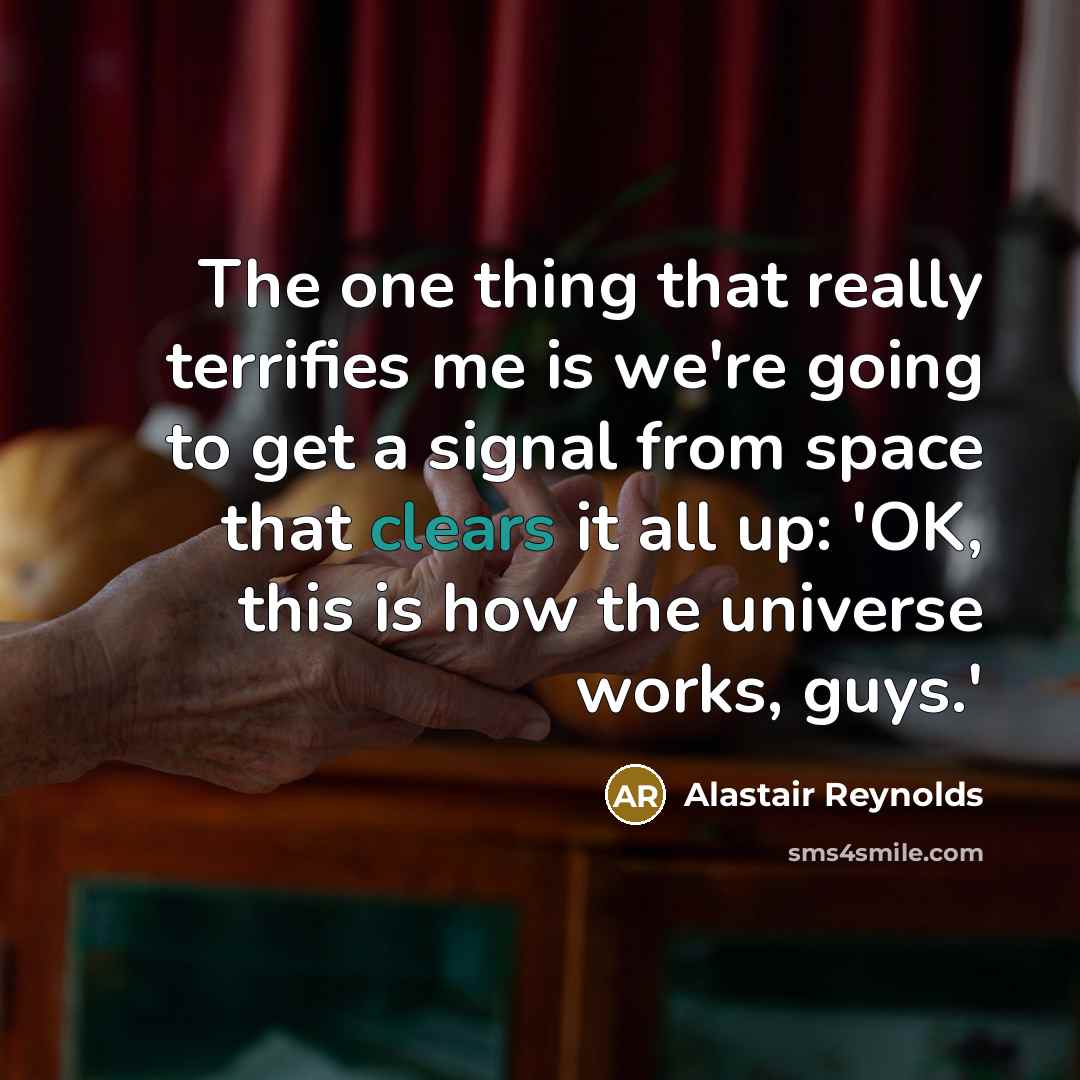 “The one thing that really terrifies me is we're going to get a signal from space that clears it all up: 'OK, this is how the universe works, guys.'” quote by Alastair Reynolds