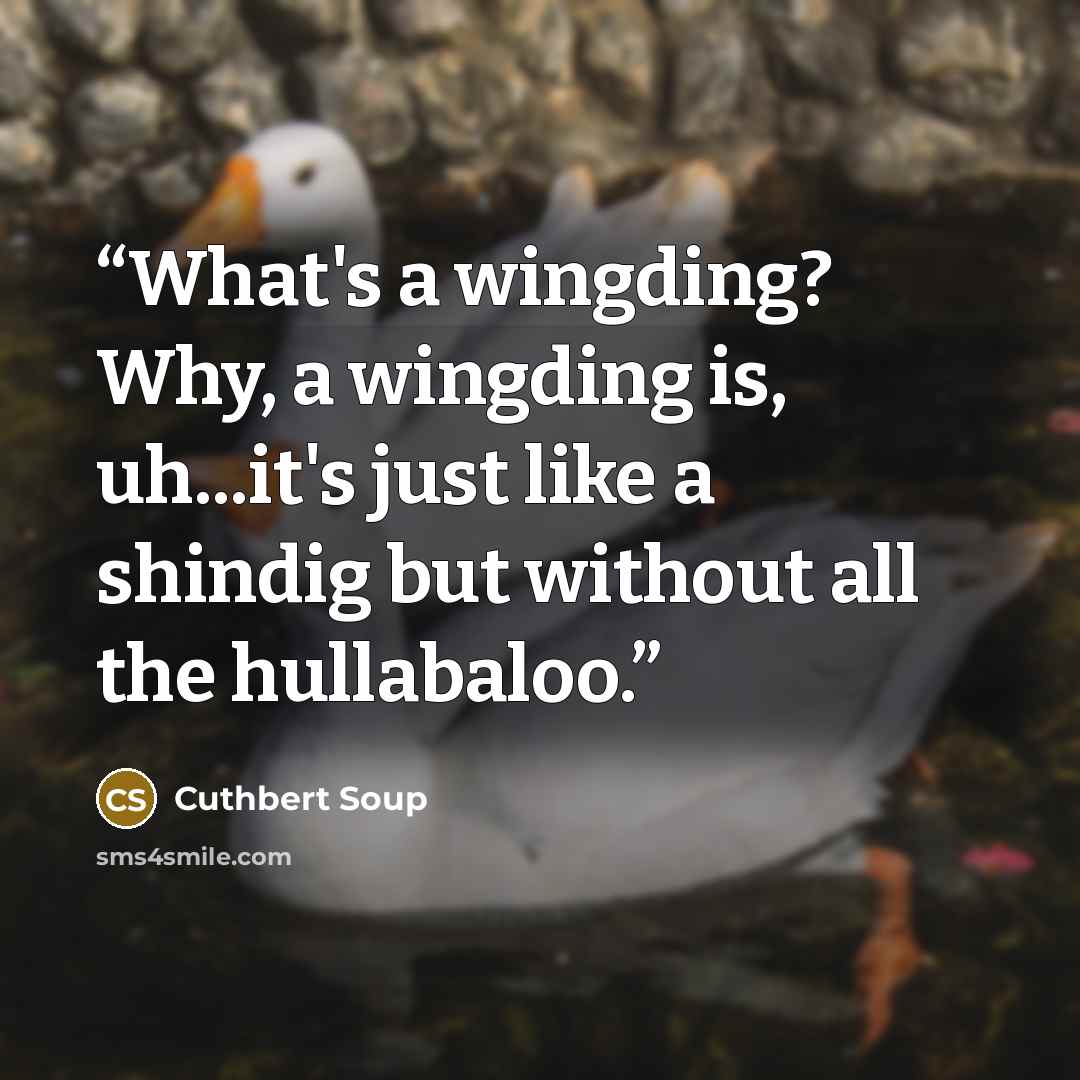 “What's a wingding? Why, a wingding is, uh...it's just like a shindig but without all the hullabaloo.” quote by Cuthbert Soup