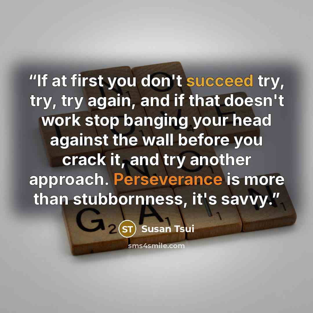 “If at first you don't succeed try, try, try again, and if that doesn't work stop banging your head against the wall before you crack it, and try another approach. Perseverance is more than stubbornness, it's savvy.” quote by Susan Tsui