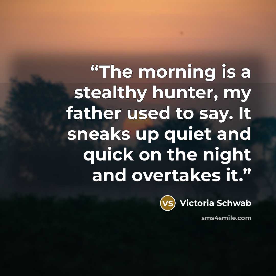 “The morning is a stealthy hunter, my father used to say. It sneaks up quiet and quick on the night and overtakes it.” quote by Victoria Schwab