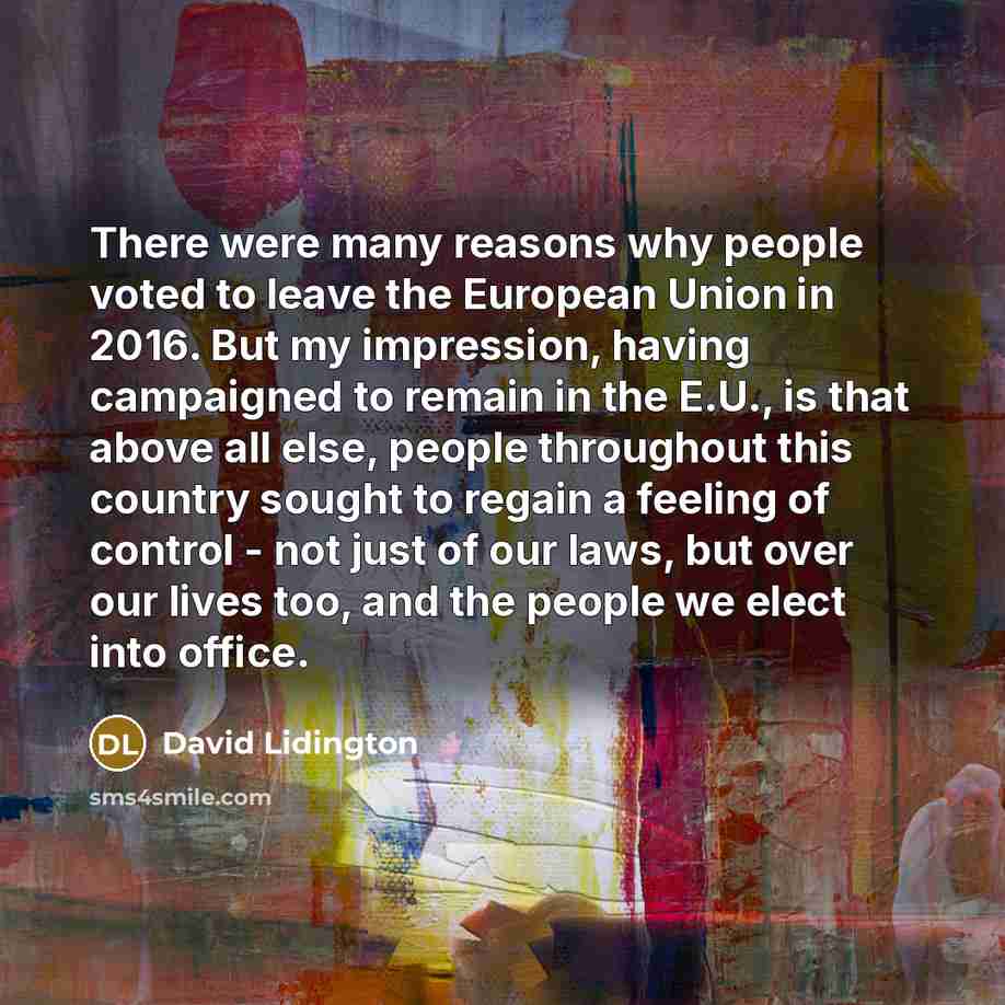 “There were many reasons why people voted to leave the European Union in 2016. But my impression, having campaigned to remain in the E.U., is that above all else, people throughout this country sought to regain a feeling of control - not just of our laws, but over our lives too, and the people we…” quote by David Lidington