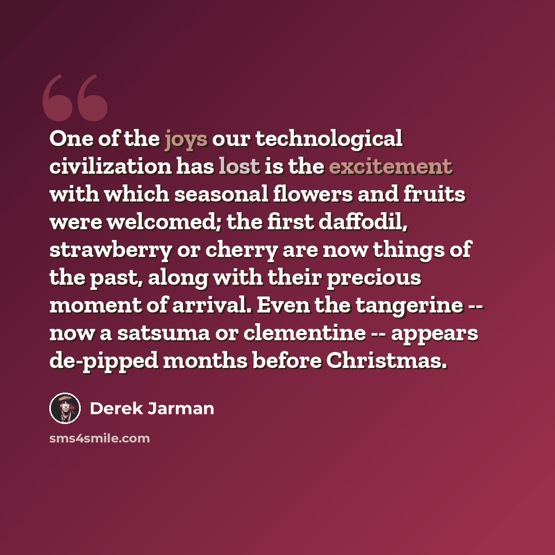 “One of the joys our technological civilization has lost is the excitement with which seasonal flowers and fruits were welcomed; the first daffodil, strawberry or cherry are now things of the past, along with their precious moment of arrival. Even the tangerine -- now a satsuma or clementine…” quote by Derek Jarman