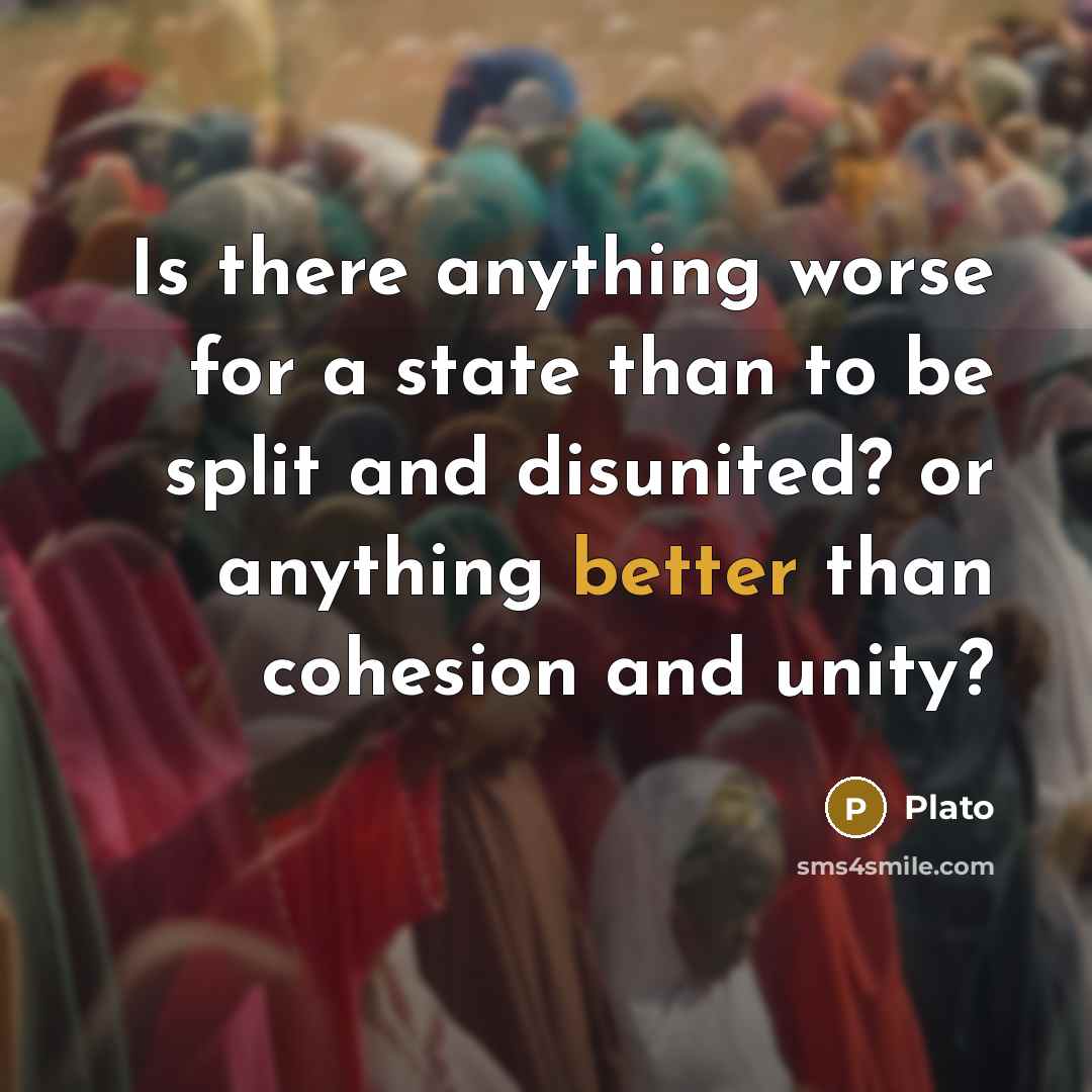 “Is there anything worse for a state than to be split and disunited? or anything better than cohesion and unity?” quote by Plato