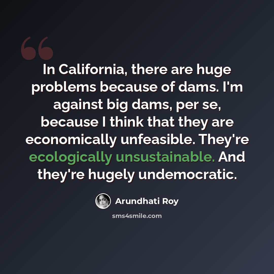 “In California, there are huge problems because of dams. I'm against big dams, per se, because I think that they are economically unfeasible. They're ecologically unsustainable. And they're hugely undemocratic.” quote by Arundhati Roy