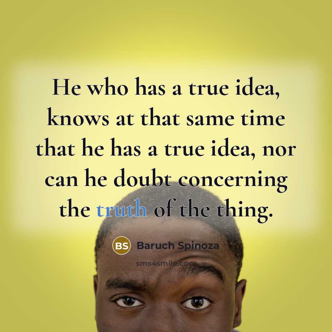 “He who has a true idea, knows at that same time that he has a true idea, nor can he doubt concerning the truth of the thing.” quote by Baruch Spinoza