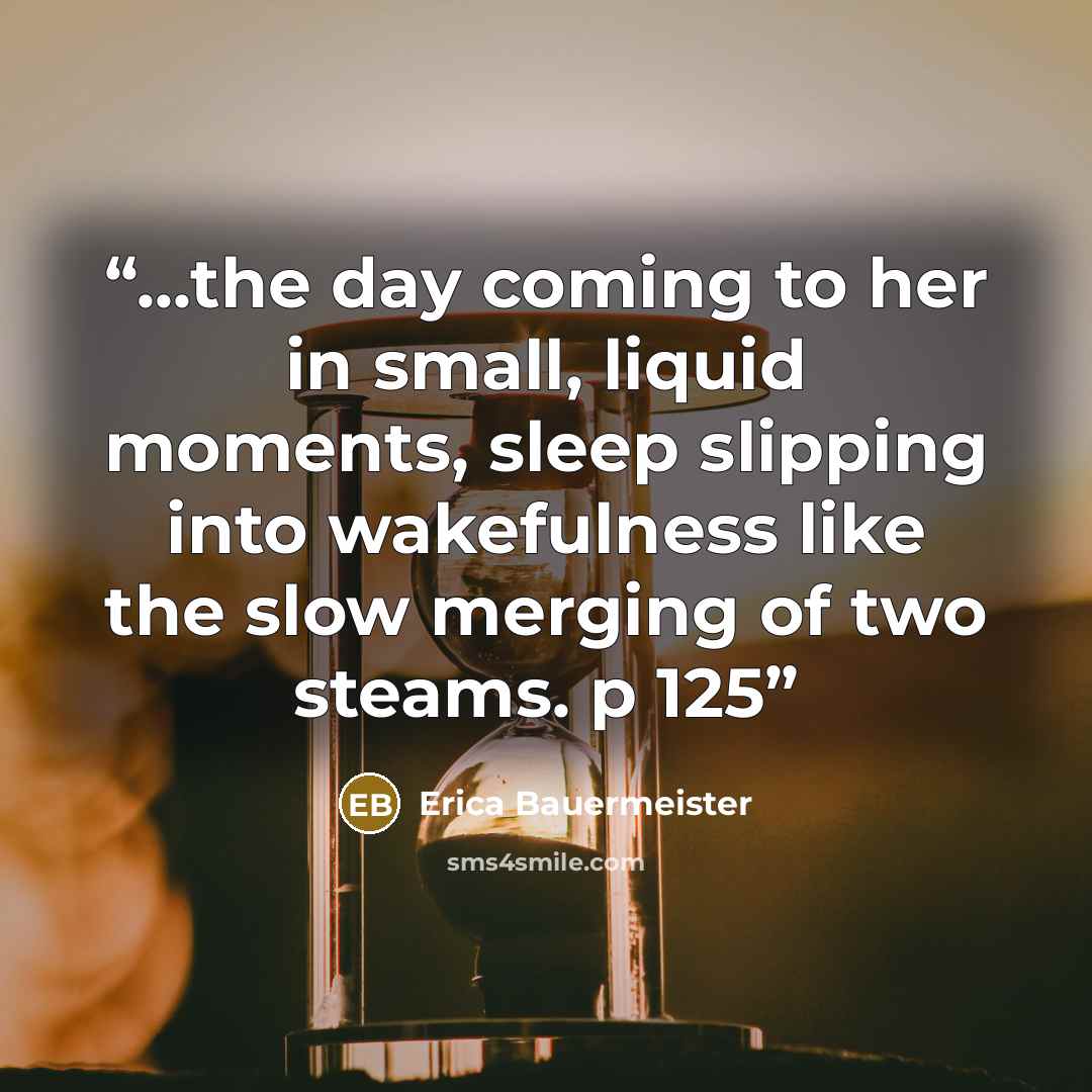 “...the day coming to her in small, liquid moments, sleep slipping into wakefulness like the slow merging of two steams. p 125” quote by Erica Bauermeister