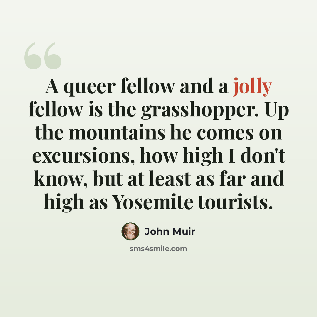 “A queer fellow and a jolly fellow is the grasshopper. Up the mountains he comes on excursions, how high I don't know, but at least as far and high as Yosemite tourists.” quote by John Muir