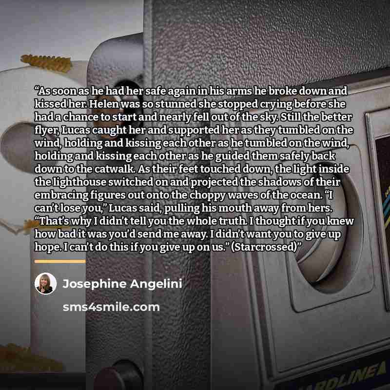 “As soon as he had her safe again in his arms he broke down and kissed her. Helen was so stunned she stopped crying before she had a chance to start and nearly fell out of the sky. Still the better flyer, Lucas caught her and supported her as they tumbled on the wind, holding and kissing each other…” quote by Josephine Angelini