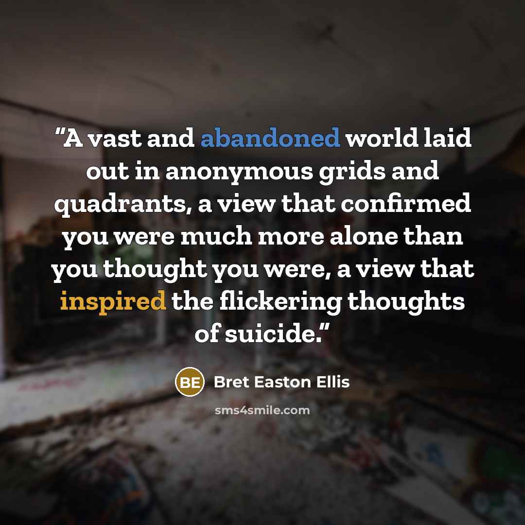 “A vast and abandoned world laid out in anonymous grids and quadrants, a view that confirmed you were much more alone than you thought you were, a view that inspired the flickering thoughts of suicide.” quote by Bret Easton Ellis