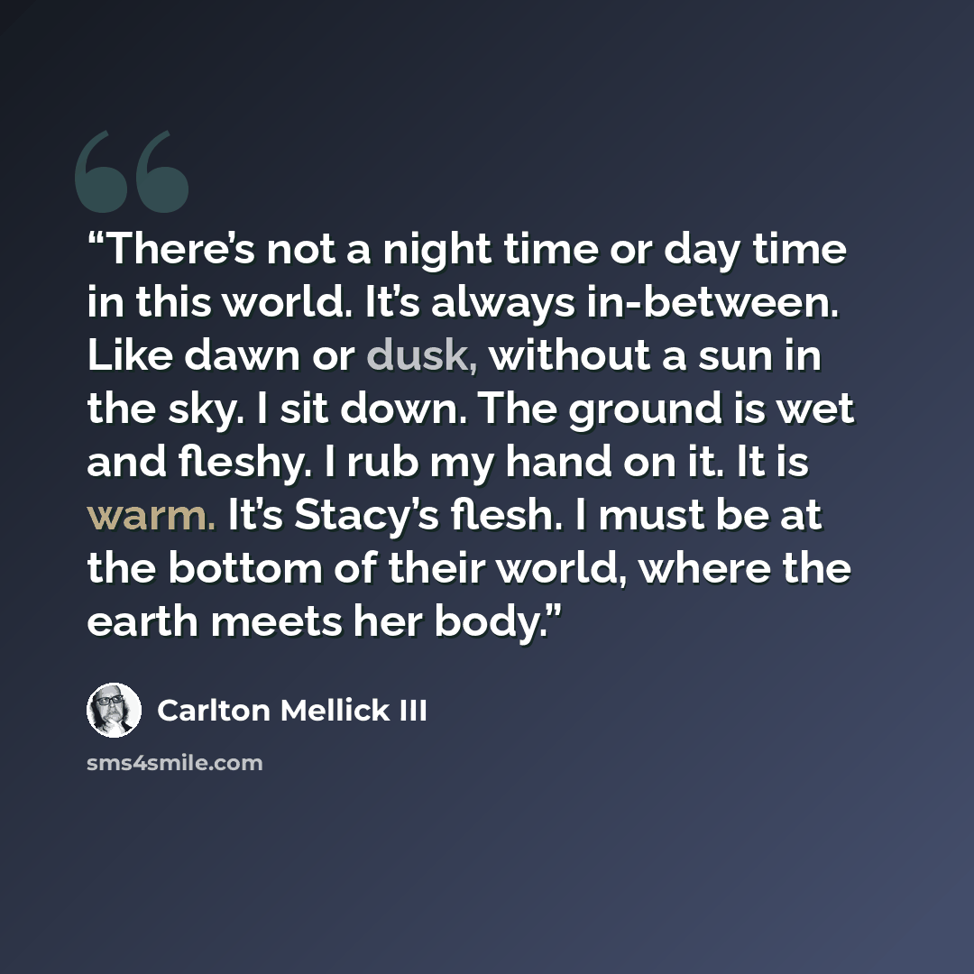 “There’s not a night time or day time in this world. It’s always in-between. Like dawn or dusk, without a sun in the sky. I sit down. The ground is wet and fleshy. I rub my hand on it. It is warm. It’s Stacy’s flesh. I must be at the bottom of their world, where the earth meets her body.” quote by Carlton Mellick III