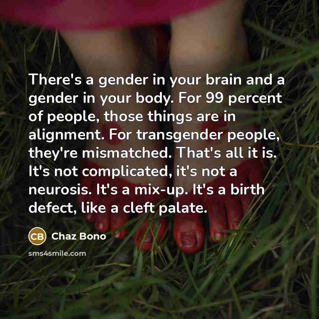 “There's a gender in your brain and a gender in your body. For 99 percent of people, those things are in alignment. For transgender people, they're mismatched. That's all it is. It's not complicated, it's not a neurosis. It's a mix-up. It's a birth defect, like a cleft palate.” quote by Chaz Bono