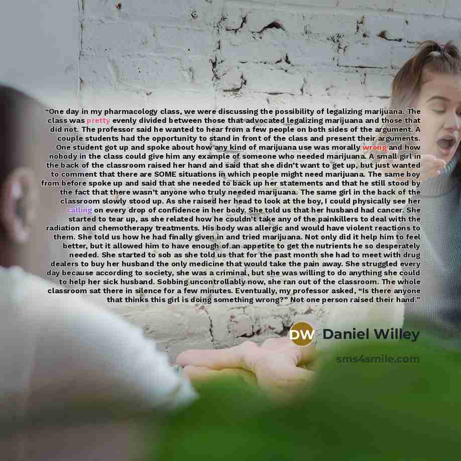 “One day in my pharmacology class, we were discussing the possibility of legalizing marijuana. The class was pretty evenly divided between those that advocated legalizing marijuana and those that did not. The professor said he wanted to hear from a few people on both sides of the argument. A couple…” quote by Daniel Willey