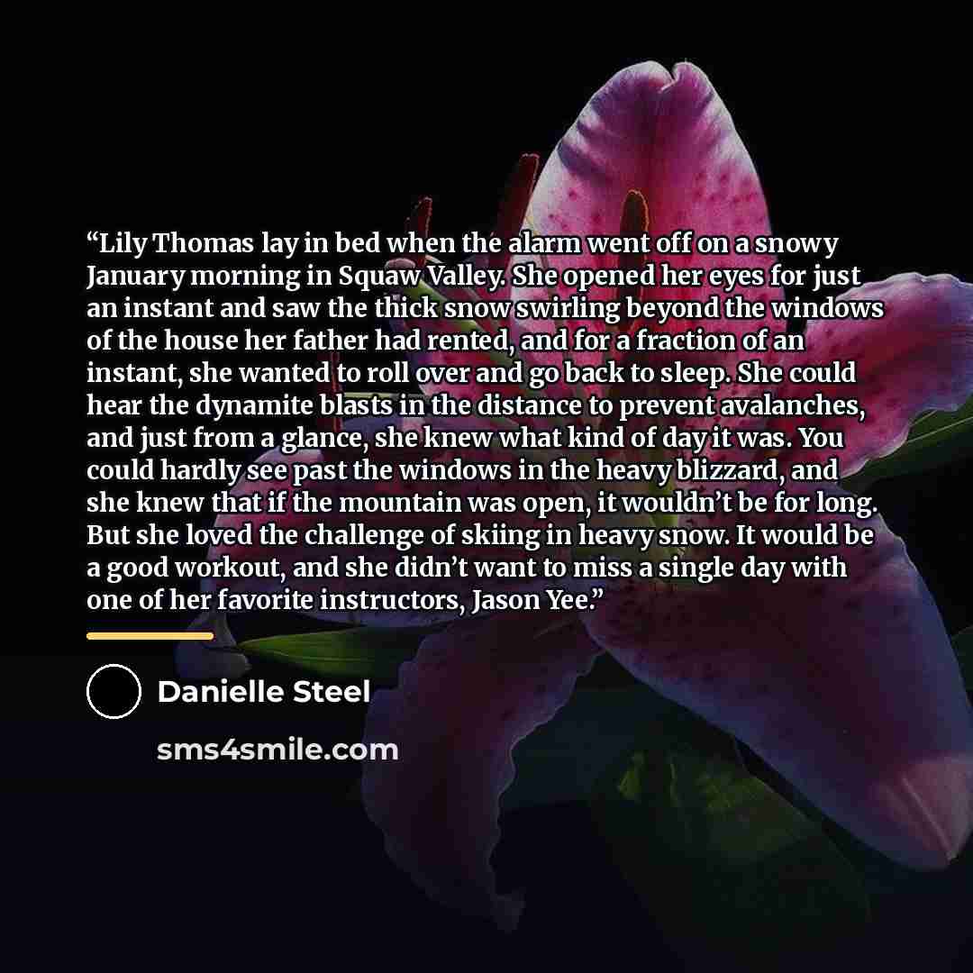 “Lily Thomas lay in bed when the alarm went off on a snowy January morning in Squaw Valley. She opened her eyes for just an instant and saw the thick snow swirling beyond the windows of the house her father had rented, and for a fraction of an instant, she wanted to roll over and go back to sleep…” quote by Danielle Steel