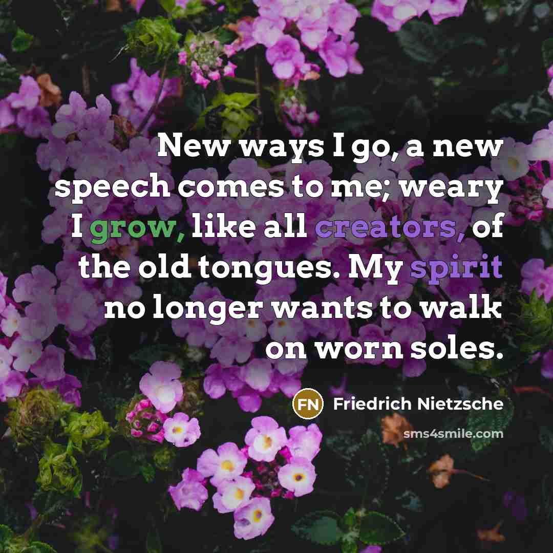 “New ways I go, a new speech comes to me; weary I grow, like all creators, of the old tongues. My spirit no longer wants to walk on worn soles.” quote by Friedrich Nietzsche