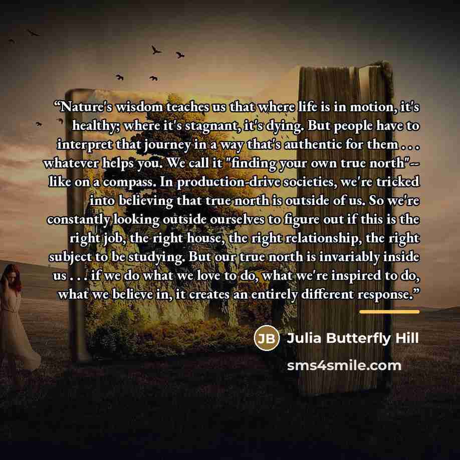 “Nature's wisdom teaches us that where life is in motion, it's healthy; where it's stagnant, it's dying. But people have to interpret that journey in a way that's authentic for them . . . whatever helps you. We call it "finding your own true north"-- like on a compass. In production-drive…” quote by Julia Butterfly Hill
