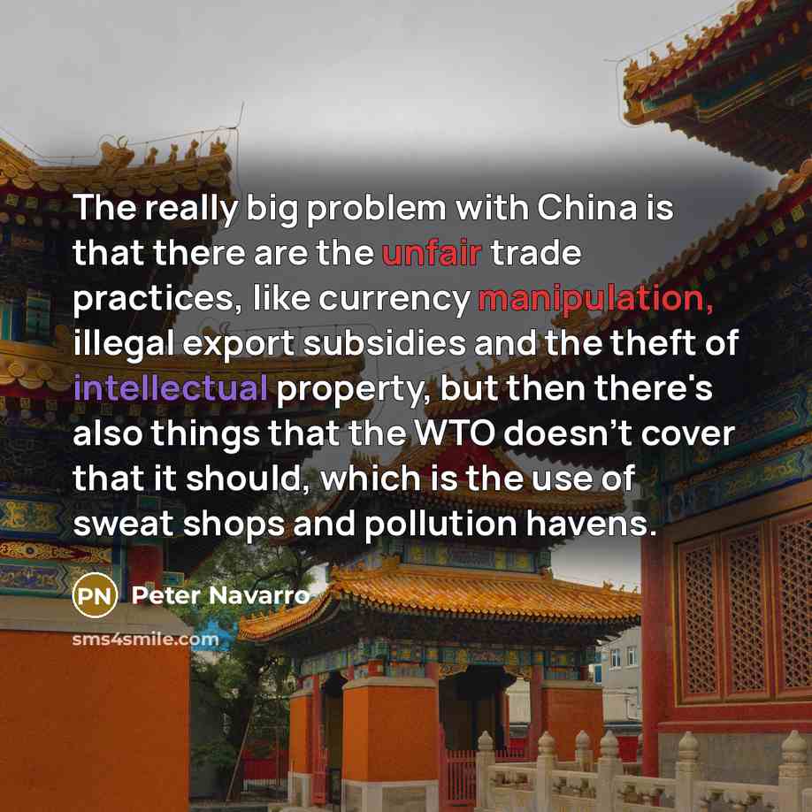 “The really big problem with China is that there are the unfair trade practices, like currency manipulation, illegal export subsidies and the theft of intellectual property, but then there's also things that the WTO doesn't cover that it should, which is the use of sweat shops and pollution havens.” quote by Peter Navarro
