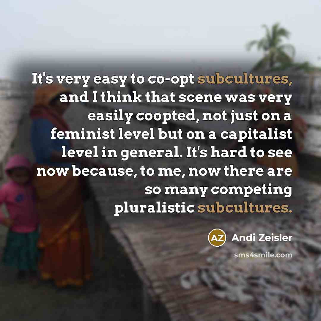 “It's very easy to co-opt subcultures, and I think that scene was very easily coopted, not just on a feminist level but on a capitalist level in general. It's hard to see now because, to me, now there are so many competing pluralistic subcultures.” quote by Andi Zeisler