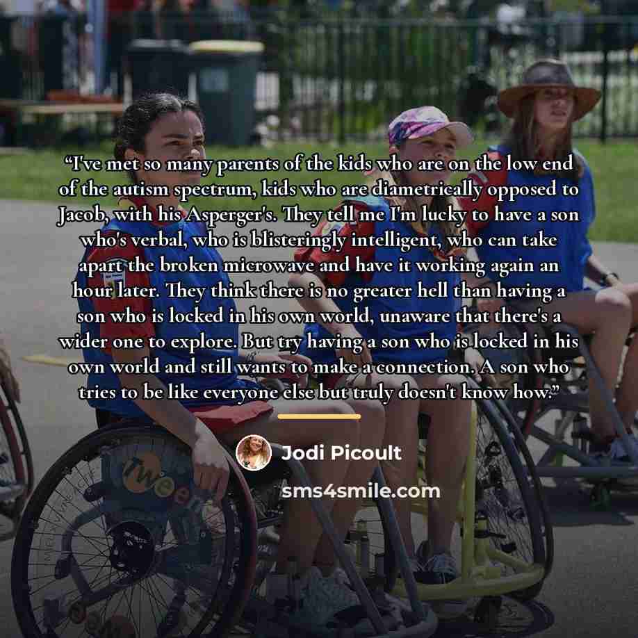 “I've met so many parents of the kids who are on the low end of the autism spectrum, kids who are diametrically opposed to Jacob, with his Asperger's. They tell me I'm lucky to have a son who's verbal, who is blisteringly intelligent, who can take apart the broken microwave and have it working…” quote by Jodi Picoult