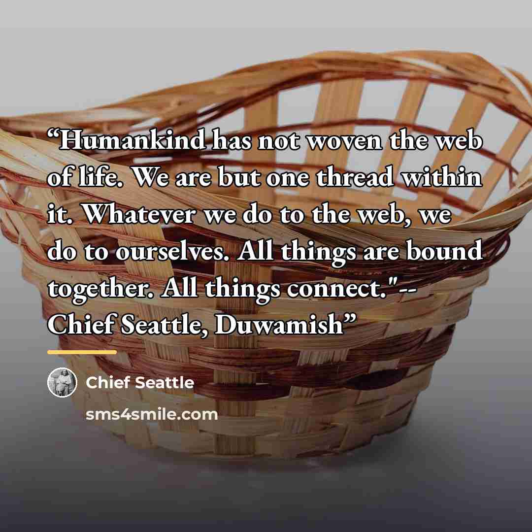 “Humankind has not woven the web of life. We are but one thread within it. Whatever we do to the web, we do to ourselves. All things are bound together. All things connect."-- Chief Seattle, Duwamish” quote by Chief Seattle