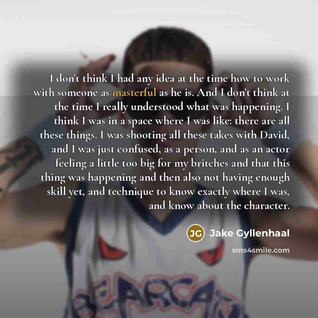 “I don't think I had any idea at the time how to work with someone as masterful as he is. And I don't think at the time I really understood what was happening. I think I was in a space where I was like: there are all these things. I was shooting all these takes with David, and I was just confused…” quote by Jake Gyllenhaal