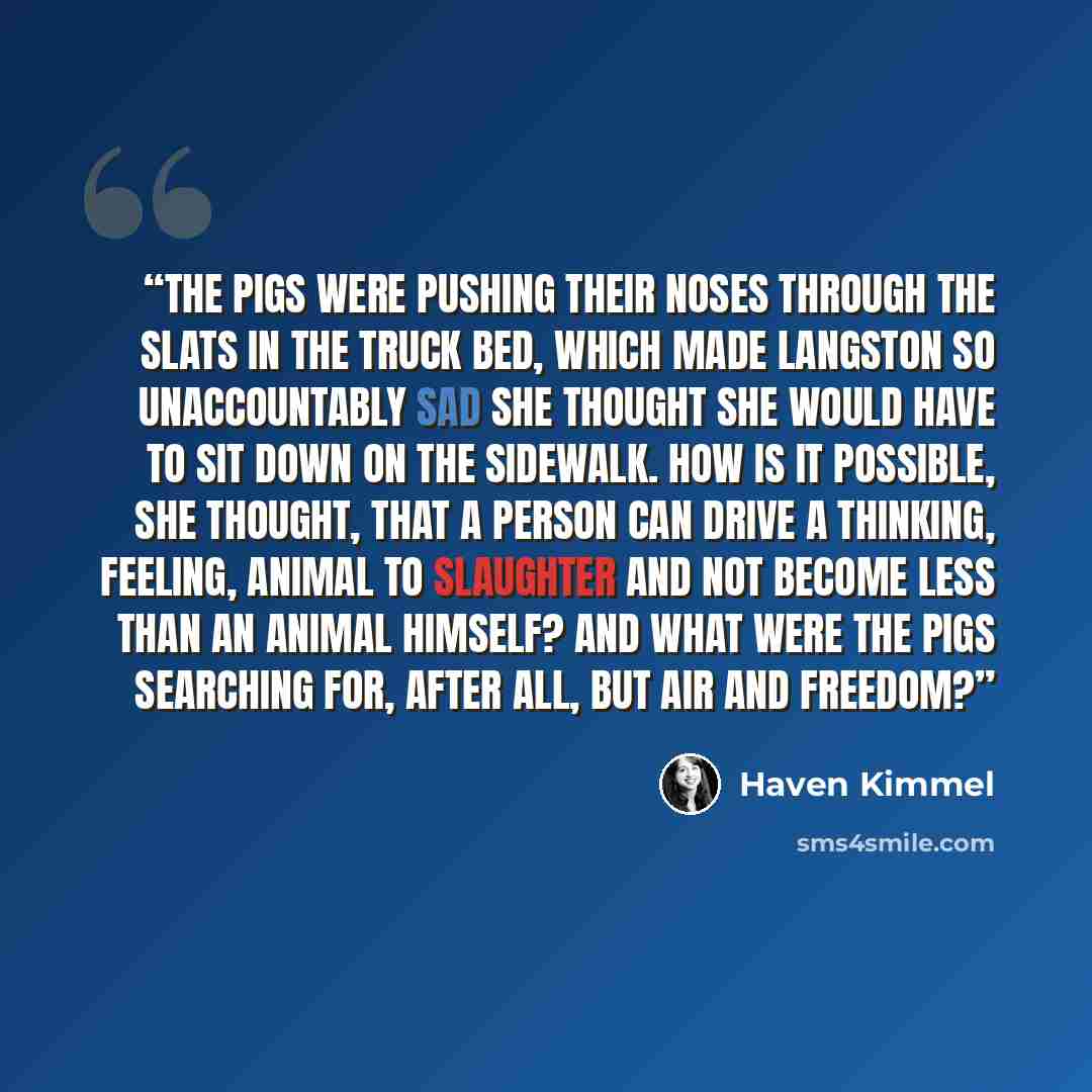 “The pigs were pushing their noses through the slats in the truck bed, which made Langston so unaccountably sad she thought she would have to sit down on the sidewalk. How is it possible, she thought, that a person can drive a thinking, feeling, animal to slaughter and not become less than an…” quote by Haven Kimmel