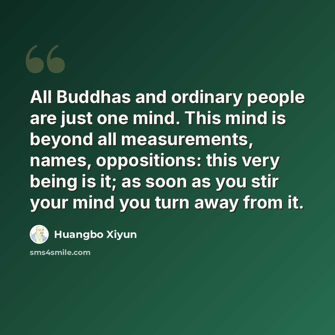 “All Buddhas and ordinary people are just one mind. This mind is beyond all measurements, names, oppositions: this very being is it; as soon as you stir your mind you turn away from it.” quote by Huangbo Xiyun