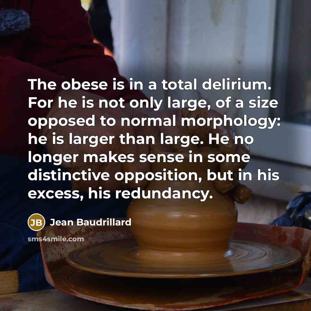 “The obese is in a total delirium. For he is not only large, of a size opposed to normal morphology: he is larger than large. He no longer makes sense in some distinctive opposition, but in his excess, his redundancy.” quote by Jean Baudrillard