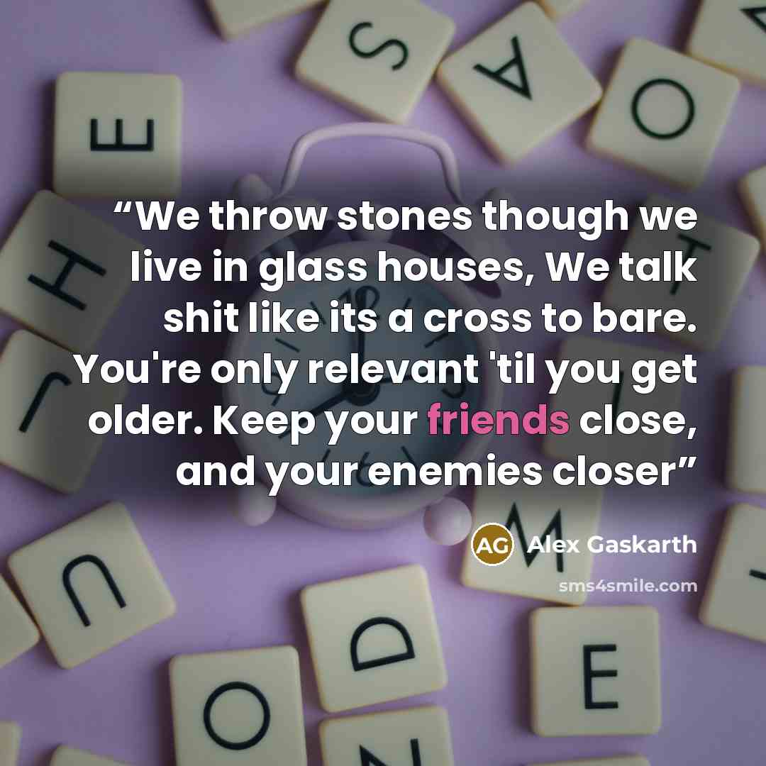 “We throw stones though we live in glass houses, We talk shit like its a cross to bare. You're only relevant 'til you get older. Keep your friends close, and your enemies closer” quote by Alex Gaskarth