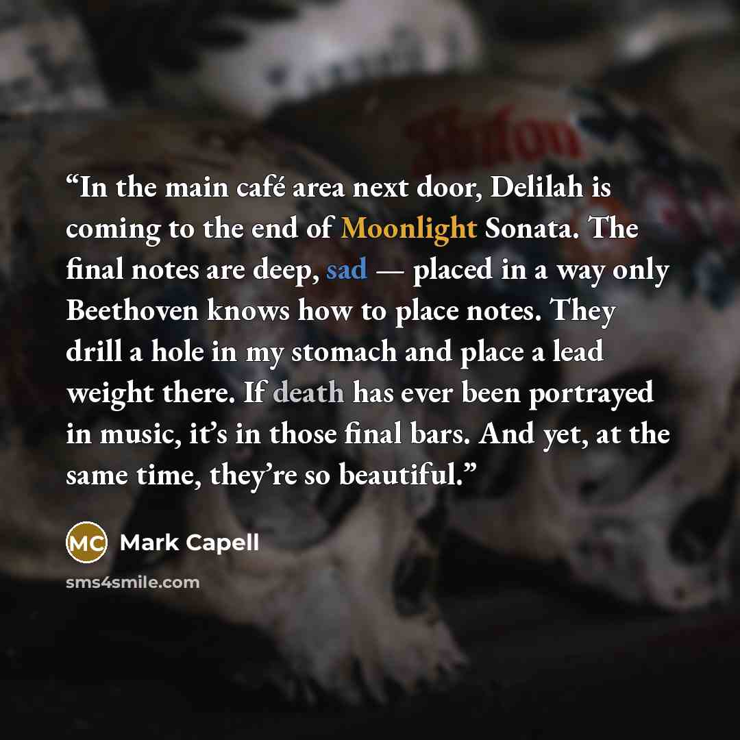 “In the main café area next door, Delilah is coming to the end of Moonlight Sonata. The final notes are deep, sad — placed in a way only Beethoven knows how to place notes. They drill a hole in my stomach and place a lead weight there. If death has ever been portrayed in music, it’s in those final…” quote by Mark Capell