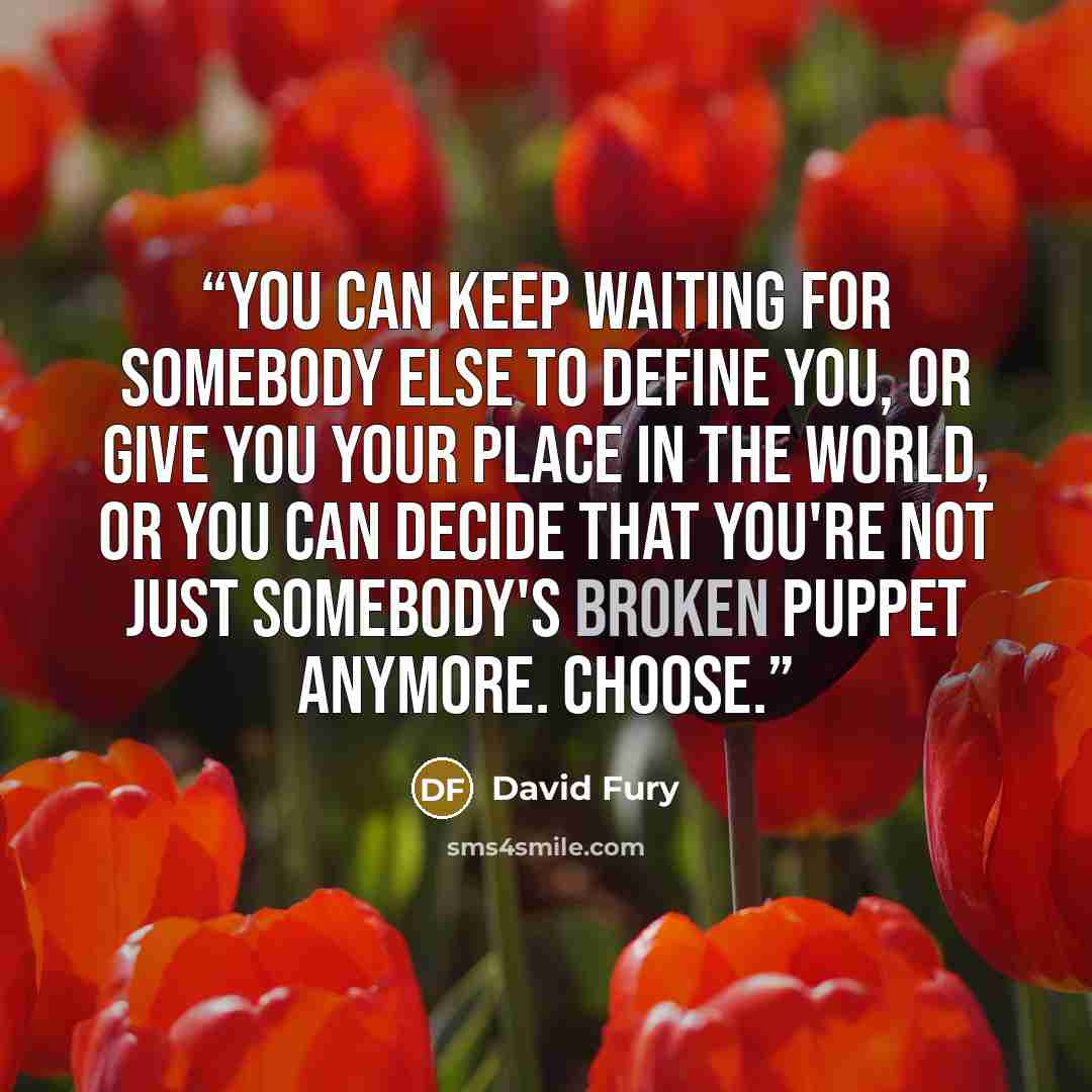 “You can keep waiting for somebody else to define you, or give you your place in the world, or you can decide that you're not just somebody's broken puppet anymore. Choose.” quote by David Fury
