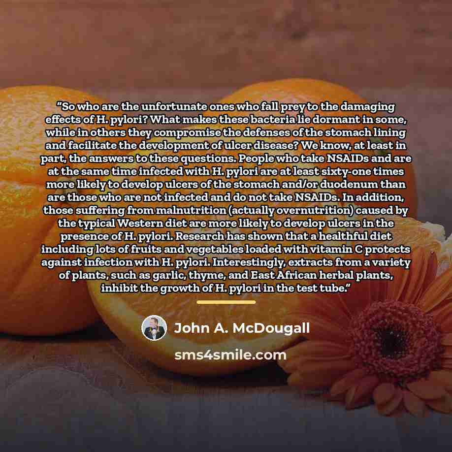 “So who are the unfortunate ones who fall prey to the damaging effects of H. pylori? What makes these bacteria lie dormant in some, while in others they compromise the defenses of the stomach lining and facilitate the development of ulcer disease? We know, at least in part, the answers to these…” quote by John A. McDougall