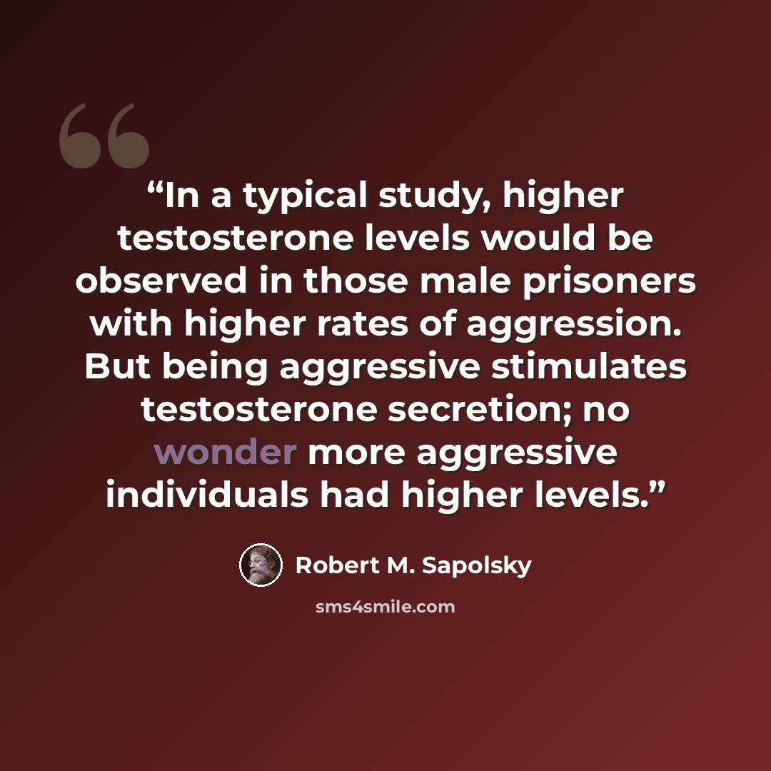 “In a typical study, higher testosterone levels would be observed in those male prisoners with higher rates of aggression. But being aggressive stimulates testosterone secretion; no wonder more aggressive individuals had higher levels.” quote by Robert M. Sapolsky