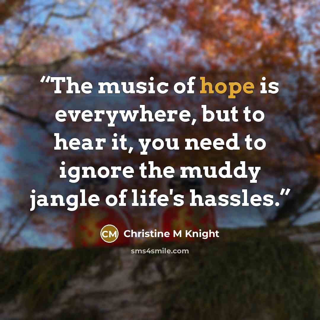 “The music of hope is everywhere, but to hear it, you need to ignore the muddy jangle of life's hassles.” quote by Christine M Knight