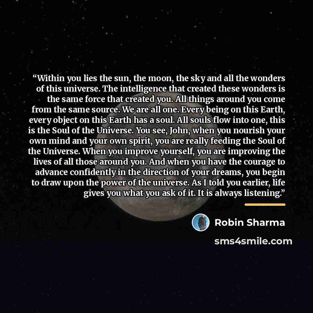 “Within you lies the sun, the moon, the sky and all the wonders of this universe. The intelligence that created these wonders is the same force that created you. All things around you come from the same source. We are all one. Every being on this Earth, every object on this Earth has a soul. All…” quote by Robin Sharma