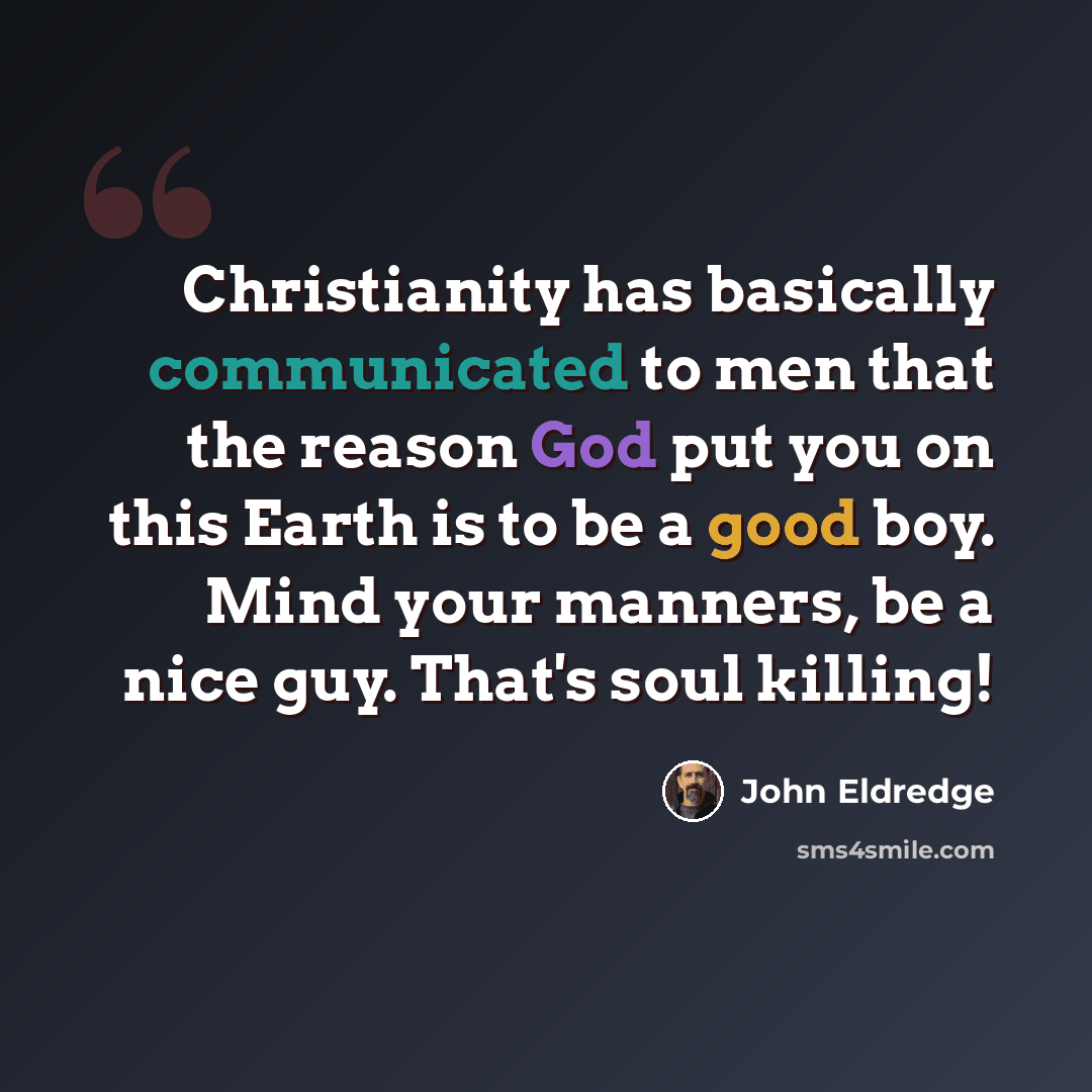“Christianity has basically communicated to men that the reason God put you on this Earth is to be a good boy. Mind your manners, be a nice guy. That's soul killing!” quote by John Eldredge