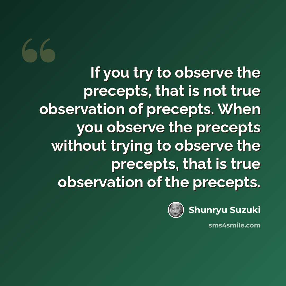“If you try to observe the precepts, that is not true observation of precepts. When you observe the precepts without trying to observe the precepts, that is true observation of the precepts.” quote by Shunryu Suzuki