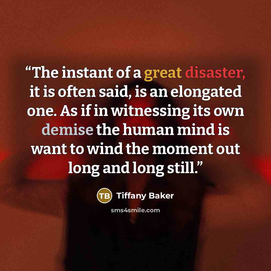 “The instant of a great disaster, it is often said, is an elongated one. As if in witnessing its own demise the human mind is want to wind the moment out long and long still.” quote by Tiffany Baker