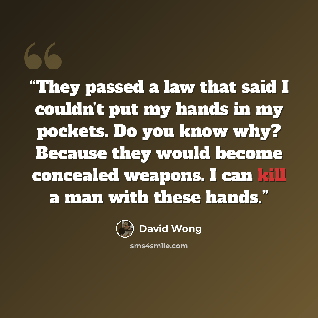 “They passed a law that said I couldn’t put my hands in my pockets. Do you know why? Because they would become concealed weapons. I can kill a man with these hands.” quote by David Wong