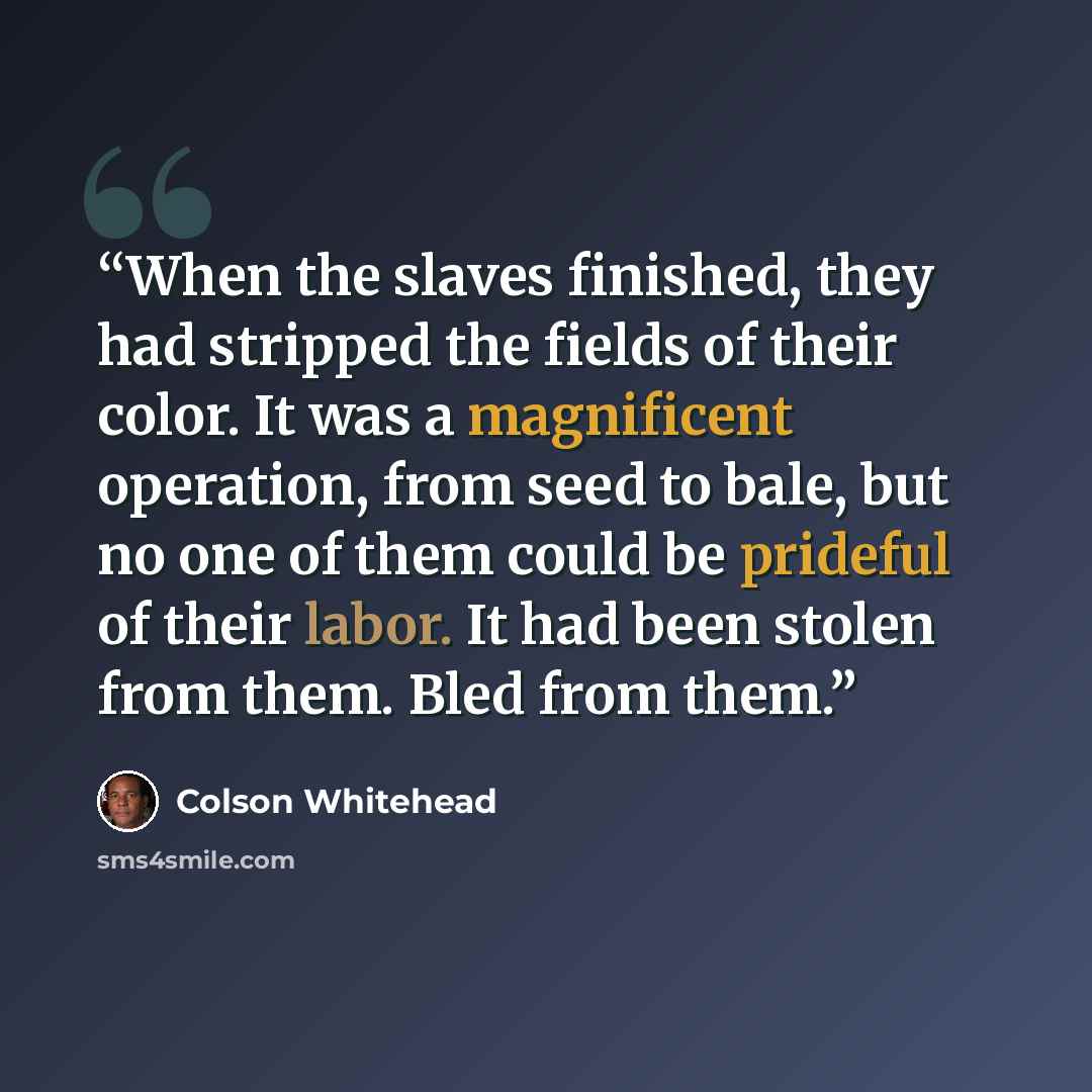 “When the slaves finished, they had stripped the fields of their color. It was a magnificent operation, from seed to bale, but no one of them could be prideful of their labor. It had been stolen from them. Bled from them.” quote by Colson Whitehead